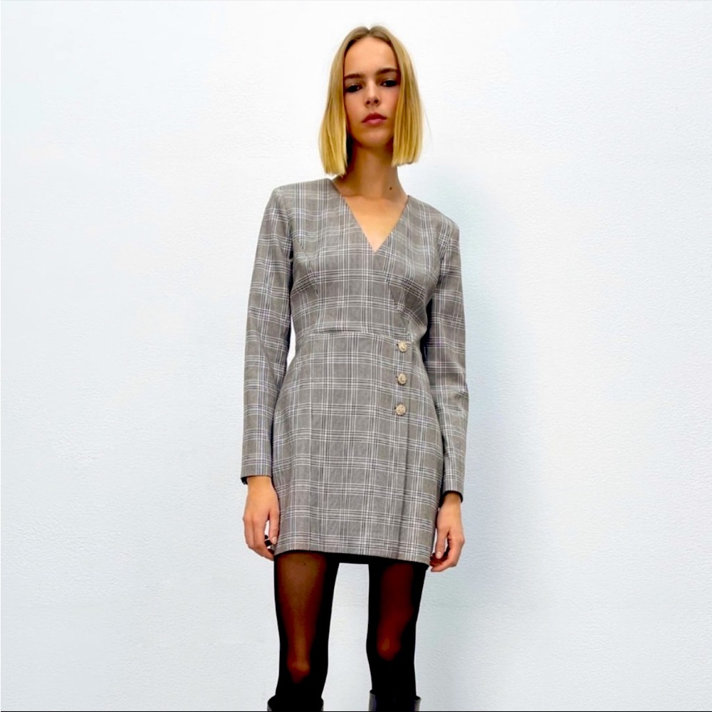 NWT Zara Plaid Jewel Buttoned Blazer Mini Dress XS